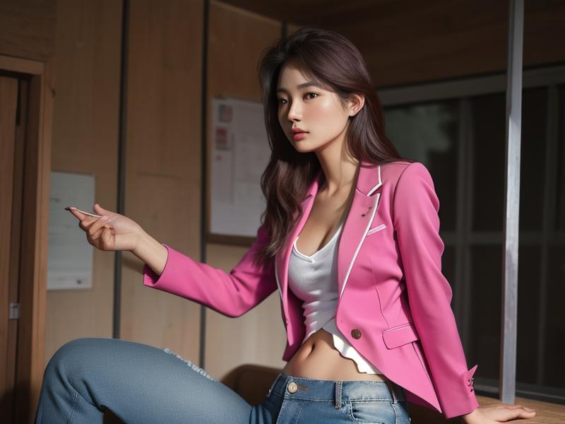 A hot pink blazer paired with jeans