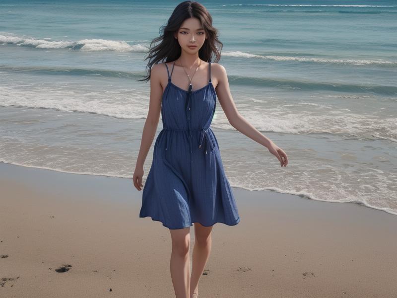 A model wearing an indigo dress on a beach