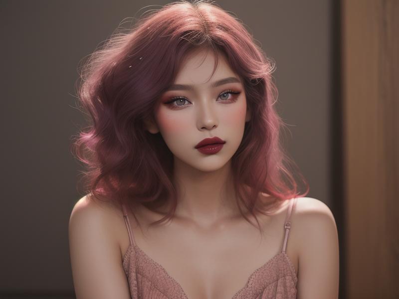 A photo of a model wearing a berry tone lipstick and eyeshadow.