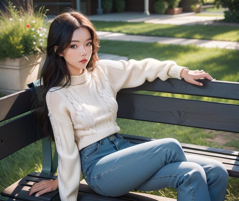 A photo of a model wearing a cable knit sweater and high-waisted jeans while sitting on a bench.