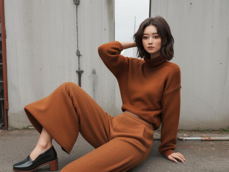 A rust-colored sweater paired with wide-leg pants