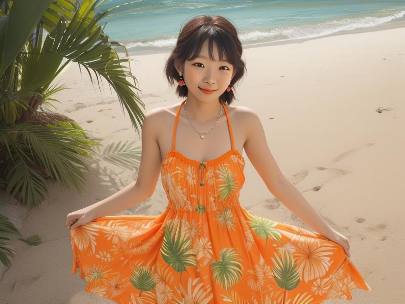 A tropical print sundress with bright orange accents