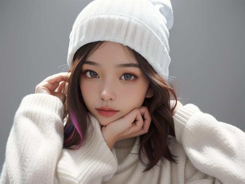 A woman wearing a colorful beanie with a white sweater