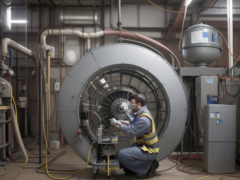 An image of a technician performing maintenance on a centrifugal fan