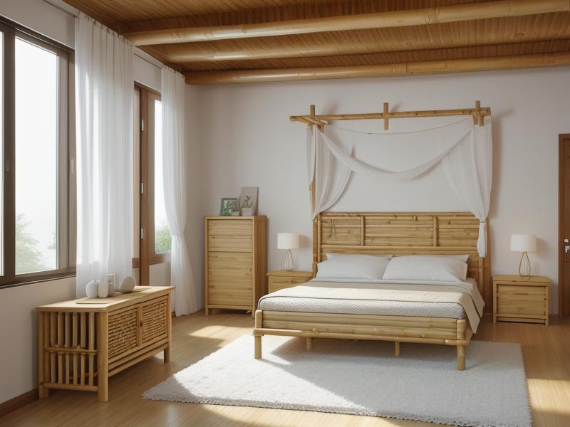 Sustainably-sourced bamboo furniture in a minimalist bedroom.
