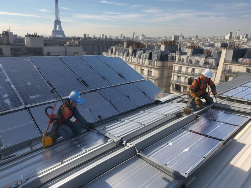 Workers installing solar panels on a rooftop in Paris