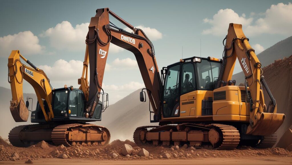 A_backhoe_and_an_excavator_facing_each_