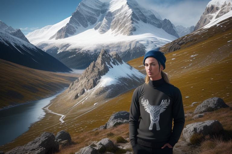 A bold graphic sweater featuring alpine wildlife design.