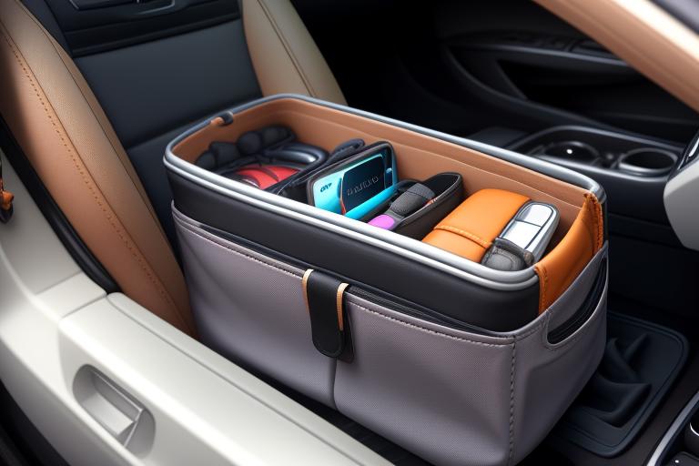 A car seat crevice organizer filled with small items like phones and keys