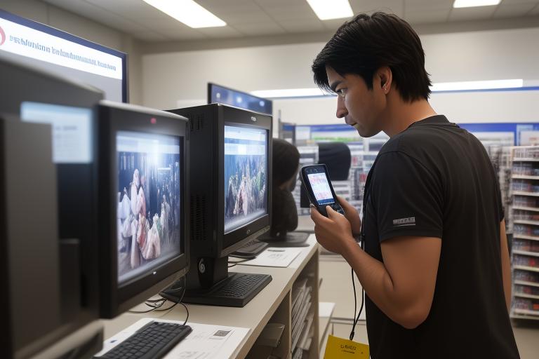 A customer comparing TV specifications in an electronics store