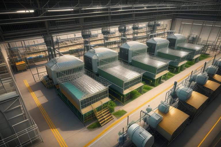 A depiction of a sustainable manufacturing plant using renewable energy sources