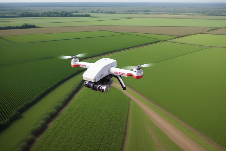 A drone hovering over a large farm