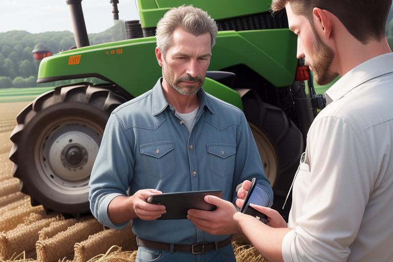 A farmer reviewing data gathered from his smart tractor on a digital tablet.