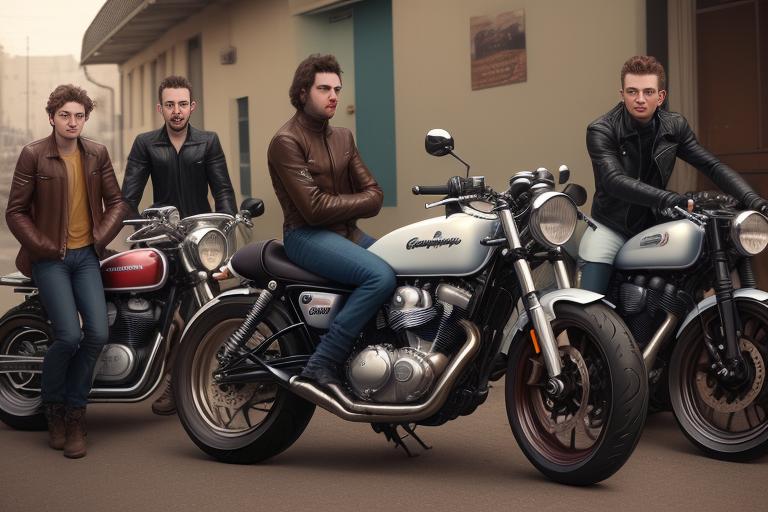 A group of young British bikers from the 1960s showcasing their cafe racers.