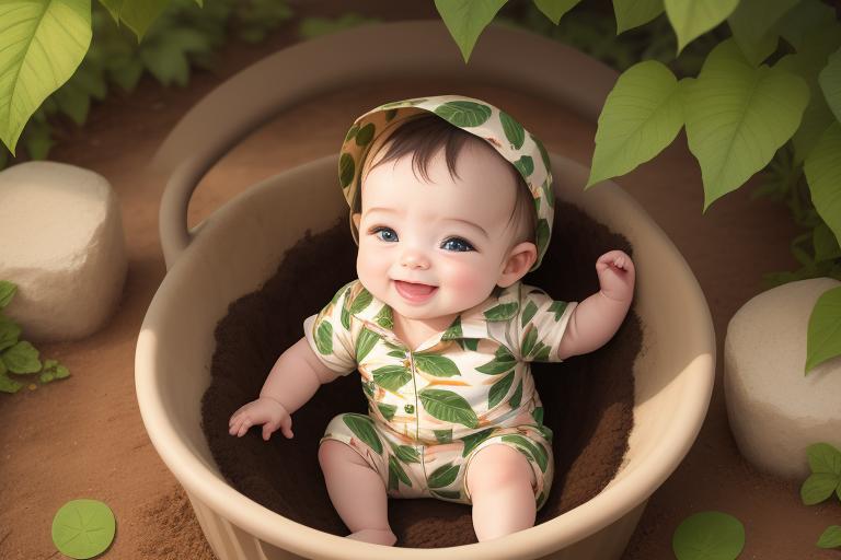 A happy baby in Safari Leaf Print Romper playing in the garden.
