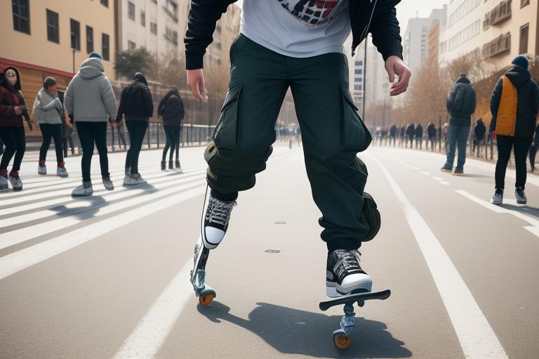 A kid dressed in trendy cargo pants skating on the street.
