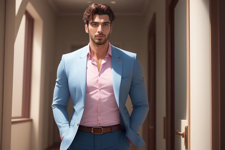 A man confidently pulling off a pastel-colored outfit.
