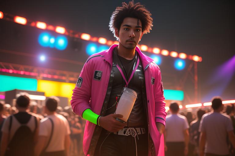 A man wearing a neon colored outfit at a festival