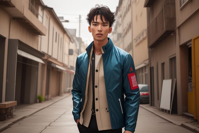 A model wearing a sustainable jacket made from recycled materials.