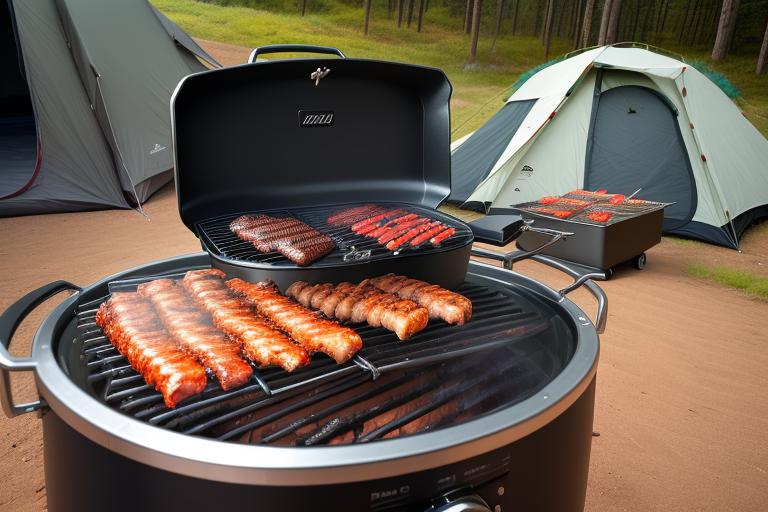 A portable BBQ grill being used at a camping trip.
