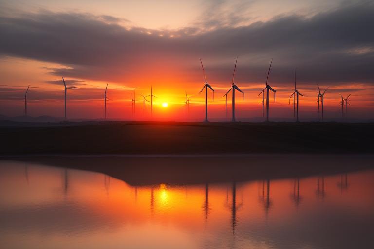 A silhouette of wind turbines and a sunrise