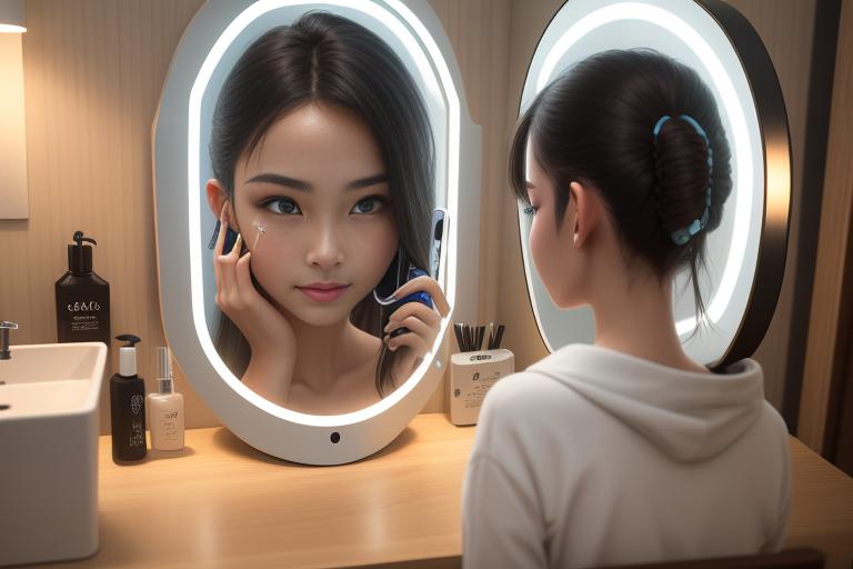A smartphone beside a mirror showcasing beauty tech innovations.