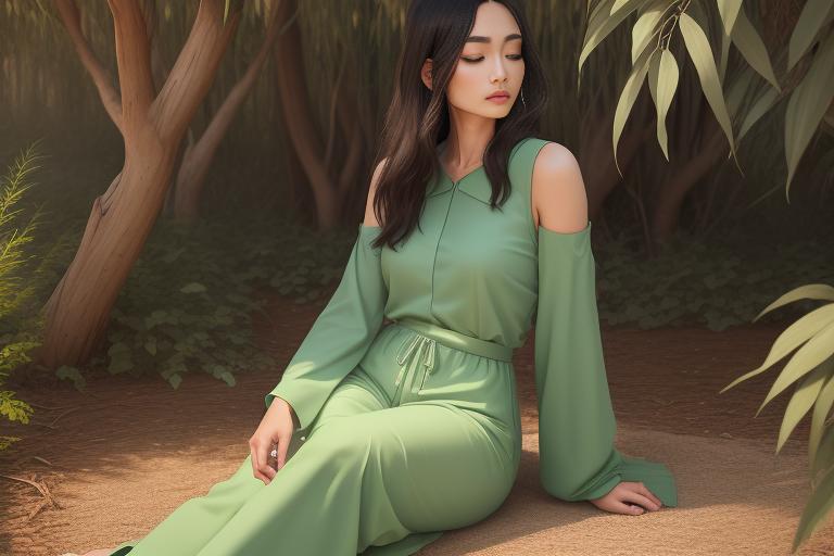 A soothing and tranquil Eucalyptus Green outfit representing the serene color trend for Spring/Summer 2023.