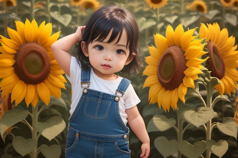 A stylish toddler rocking the Sunflower Denim Overalls.