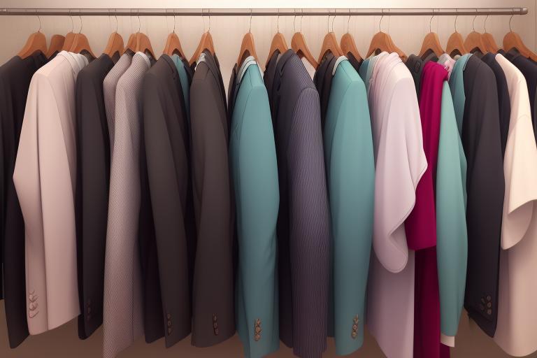 A suit rack filled with pastel suits in various shades.
