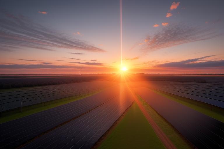 A sunrise over a large solar farm illustrating the growth and potential of the US solar sector