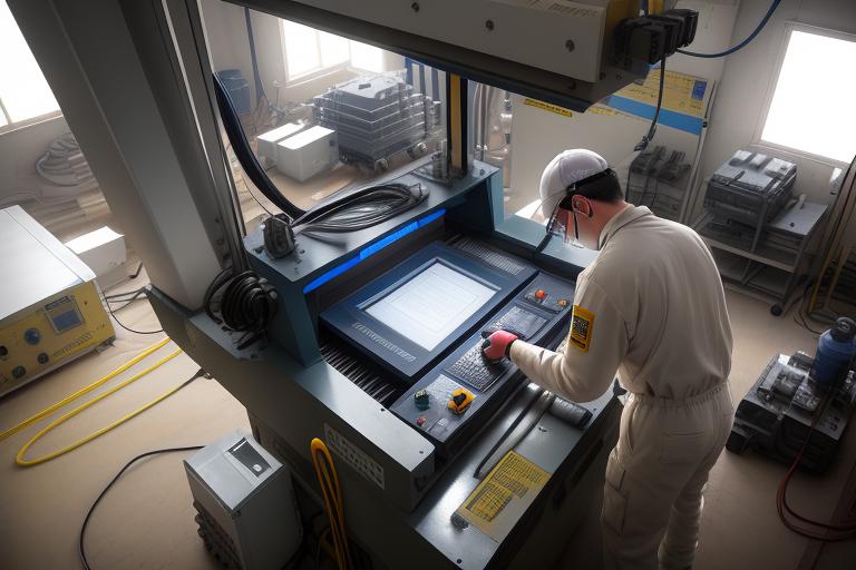 A technician performing a routine maintenance check on a fiber laser cutting machine.