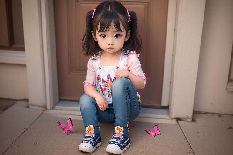 A trendy toddler girl wearing the Butterfly Embroidered Jeans.