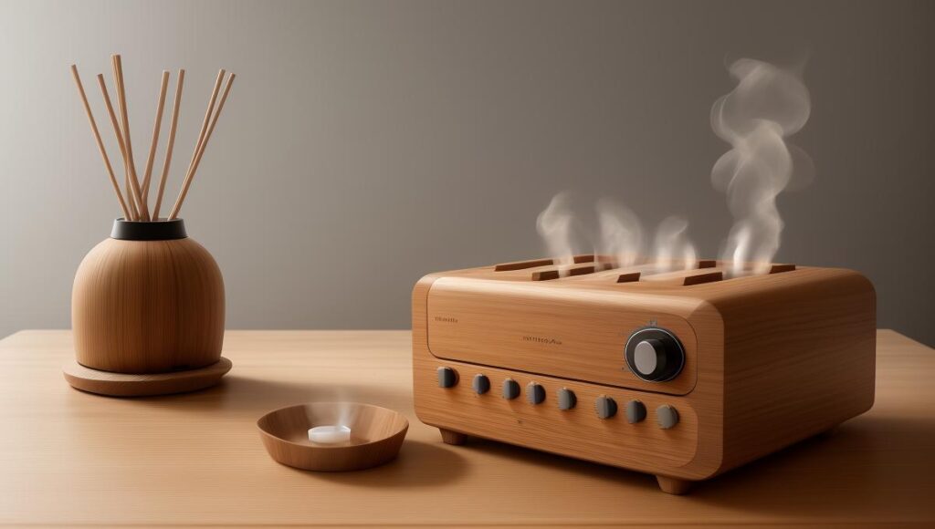 A_variety_of_aroma_diffusers_on_a_woode