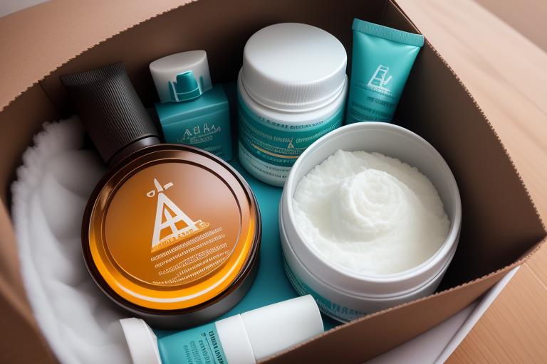 A variety of skincare products with a AI logo signifying personalized skincare.