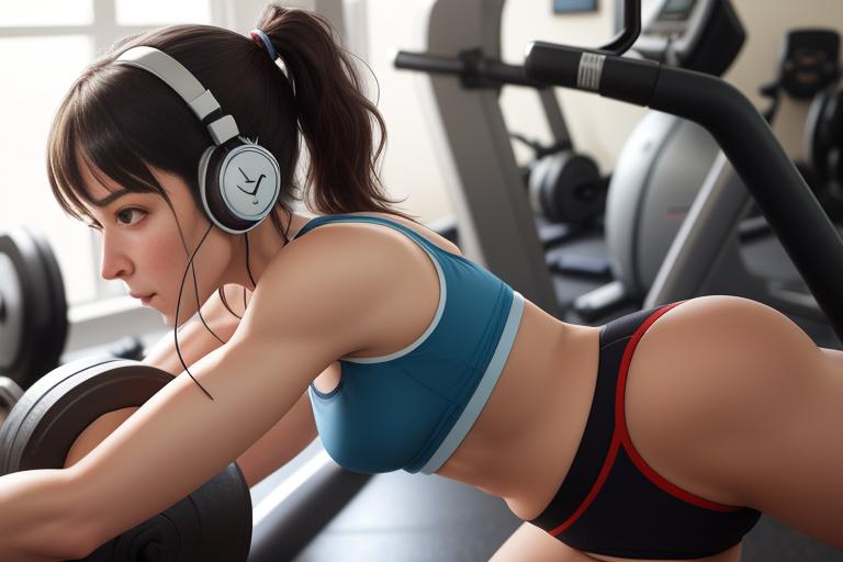 A woman working out in the gym while wearing open-ear headphones