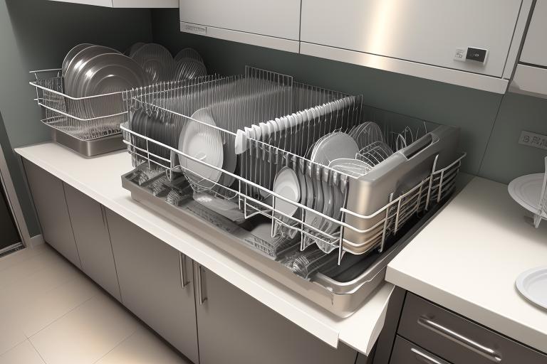 An efficient commercial dishwasher set up in a kitchen.