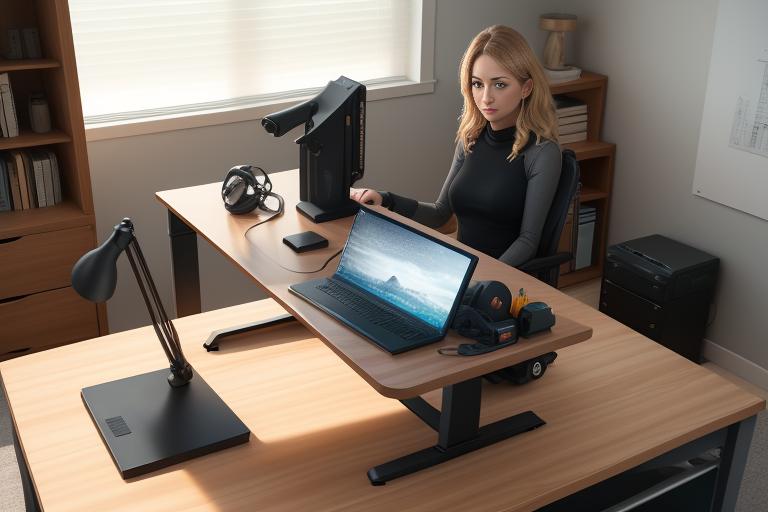 An ergonomic workstation with a standing desk and adjustable chair.