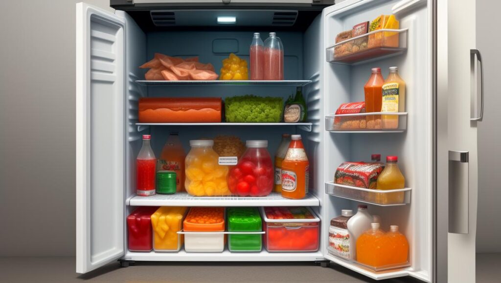 An_open_car_fridge_packed_with_food_and
