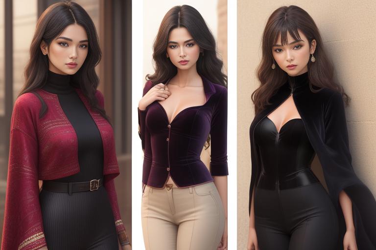 Different textures like velvet and corduroy featured in outfits.