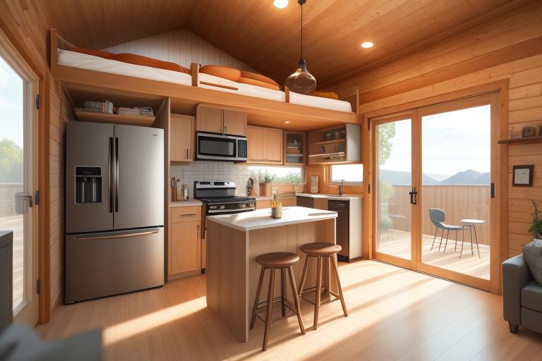 High-tech appliances like smart thermostats and modular charging stations in a tiny house