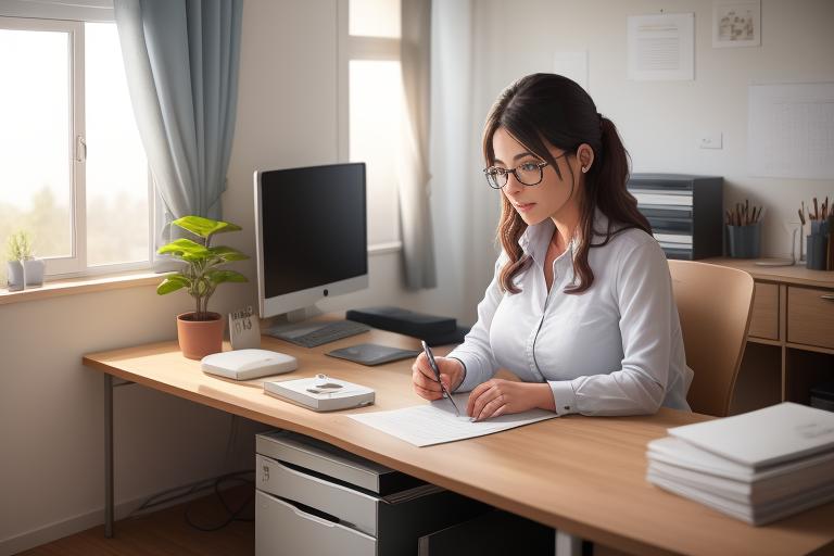 Image of a woman working comfortably from her home office.