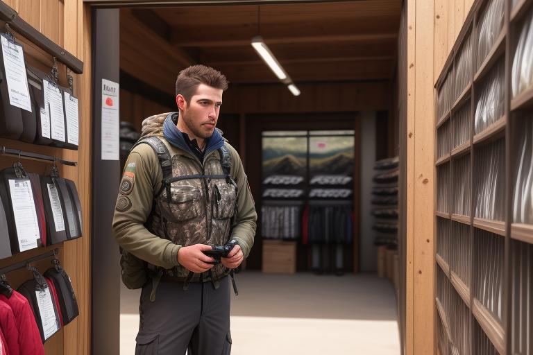 Man in an outdoor gear store deciding on different trail cameras