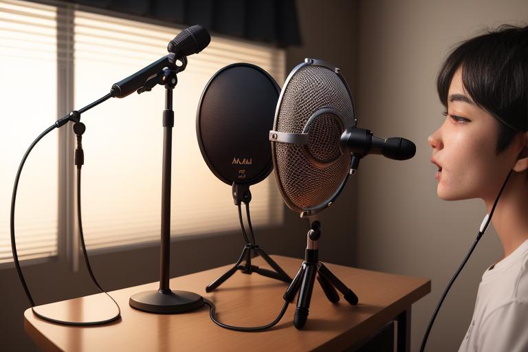 Microphone equipped with a stand and a pop filter.