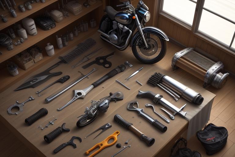 Motorcycle parts and tools laid out