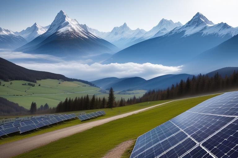 Solar panels stretching across the horizon with the Swiss Alps in the background