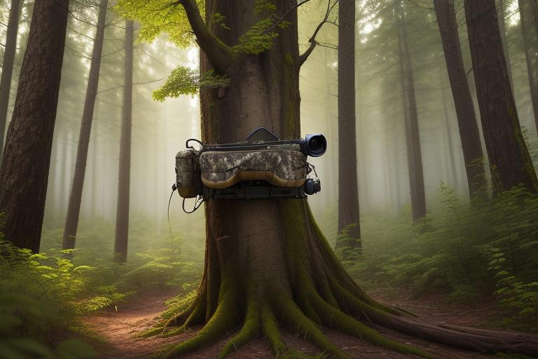 Trail or game camera mounted on a tree in the forest