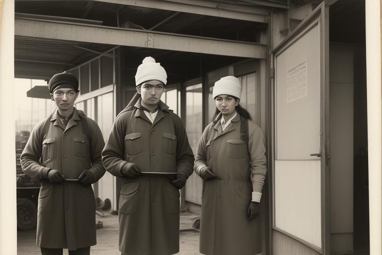 Vintage photo of workers wearing beanie hats as part of their uniform.