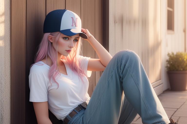 Woman sporting a pastel-colored baseball hat with a casual outfit.