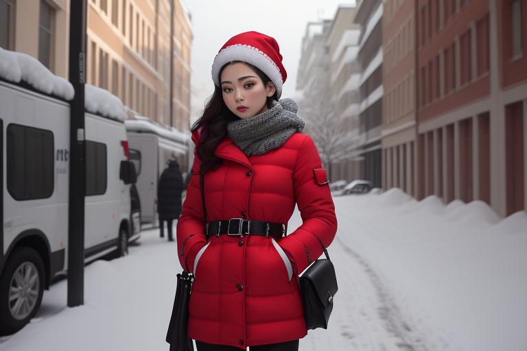  bright red outfit that stands out in the winter fashion landscape.